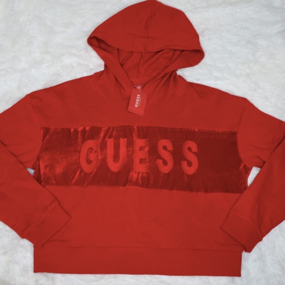 Guess Vera Long Sleeve Hoodie Sweatshirt Tulip Red Size Medium NWT - Picture 1 of 6